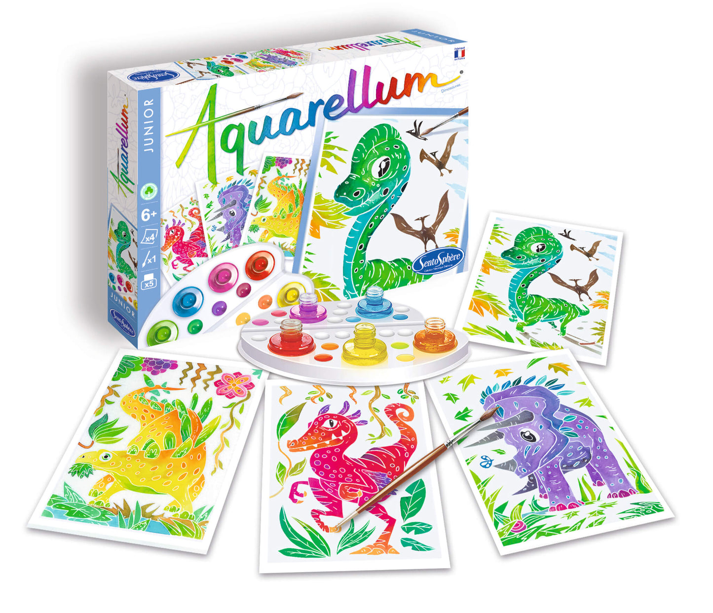contenu coffret aquarellum junior dinosaures avec 4 illustrations, 5 pots d'encre aquarelle et pinceau