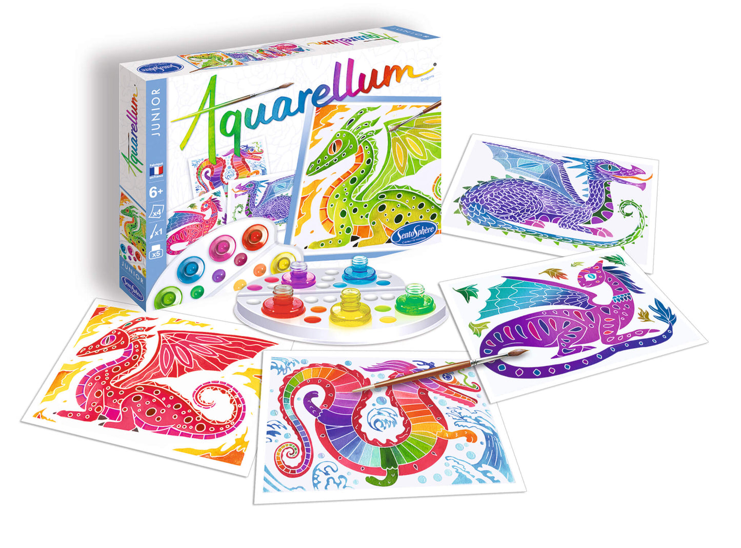 boîte, pinceau, illustrations et pots d'encre aquarelle du kit aquarellum junior dragons