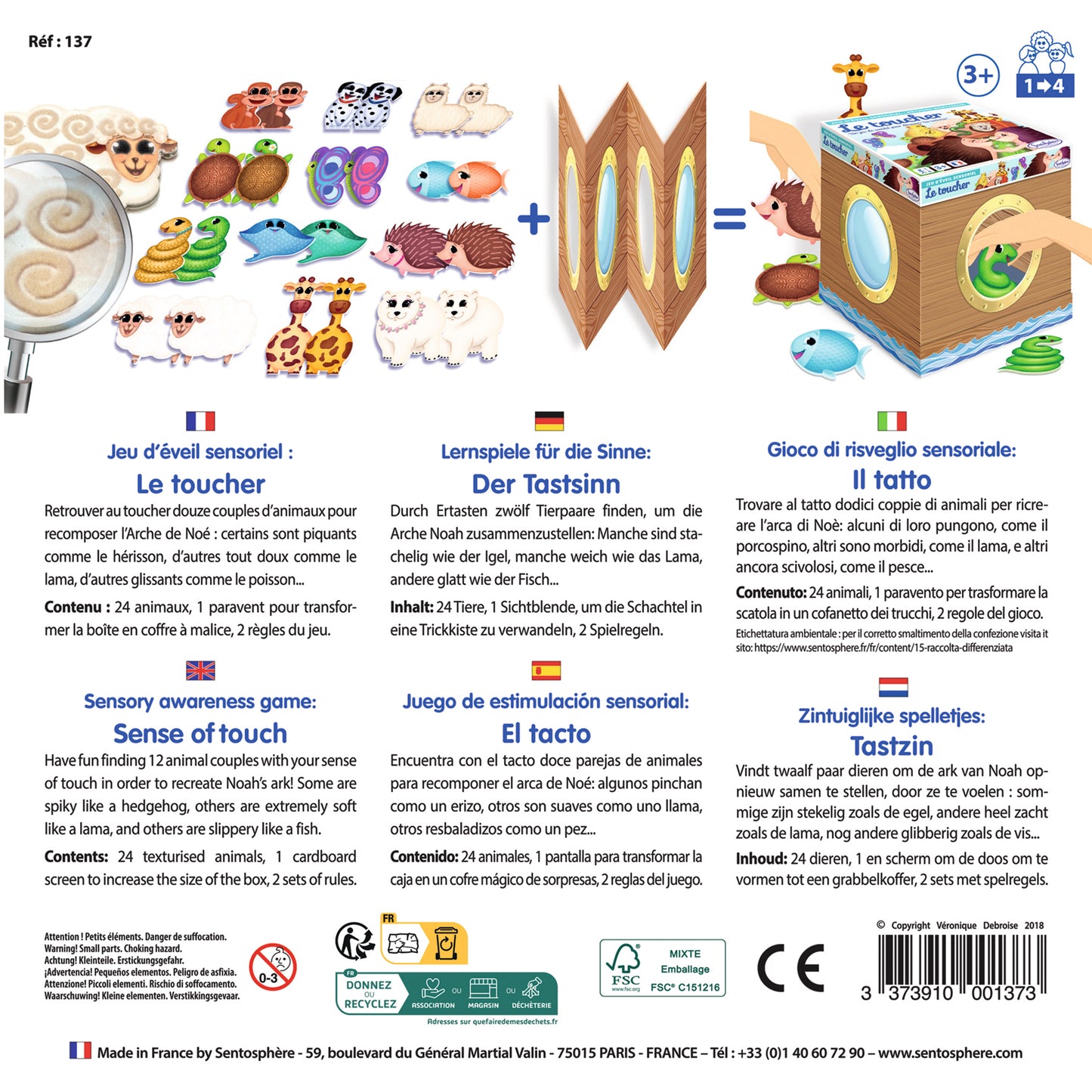 dos de la boîte du jeu d'éveil sensoriel le toucher sentosphere fabriqué en france