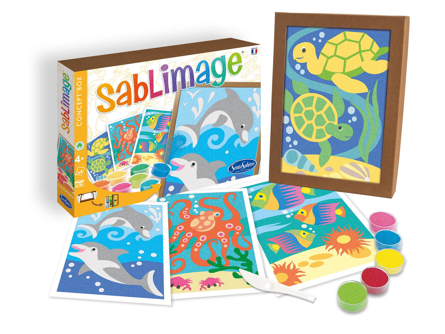 boîte, tableaux et 4 couleurs de sable coloré du coffret sablimage poissons et dauphins