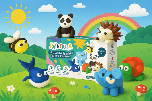 6 animaux à fabriquer en pâte à modeler naturelle présentés dans un décor de champ de fleurs