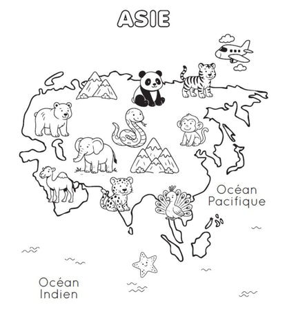 dessin de l'asie du cahier de coloriage lavable planisphere fabriqué en France