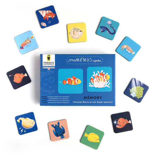 boite et cartes du jeu de memory pour enfant 4 ans autour des superpouvoirs des animaux marins