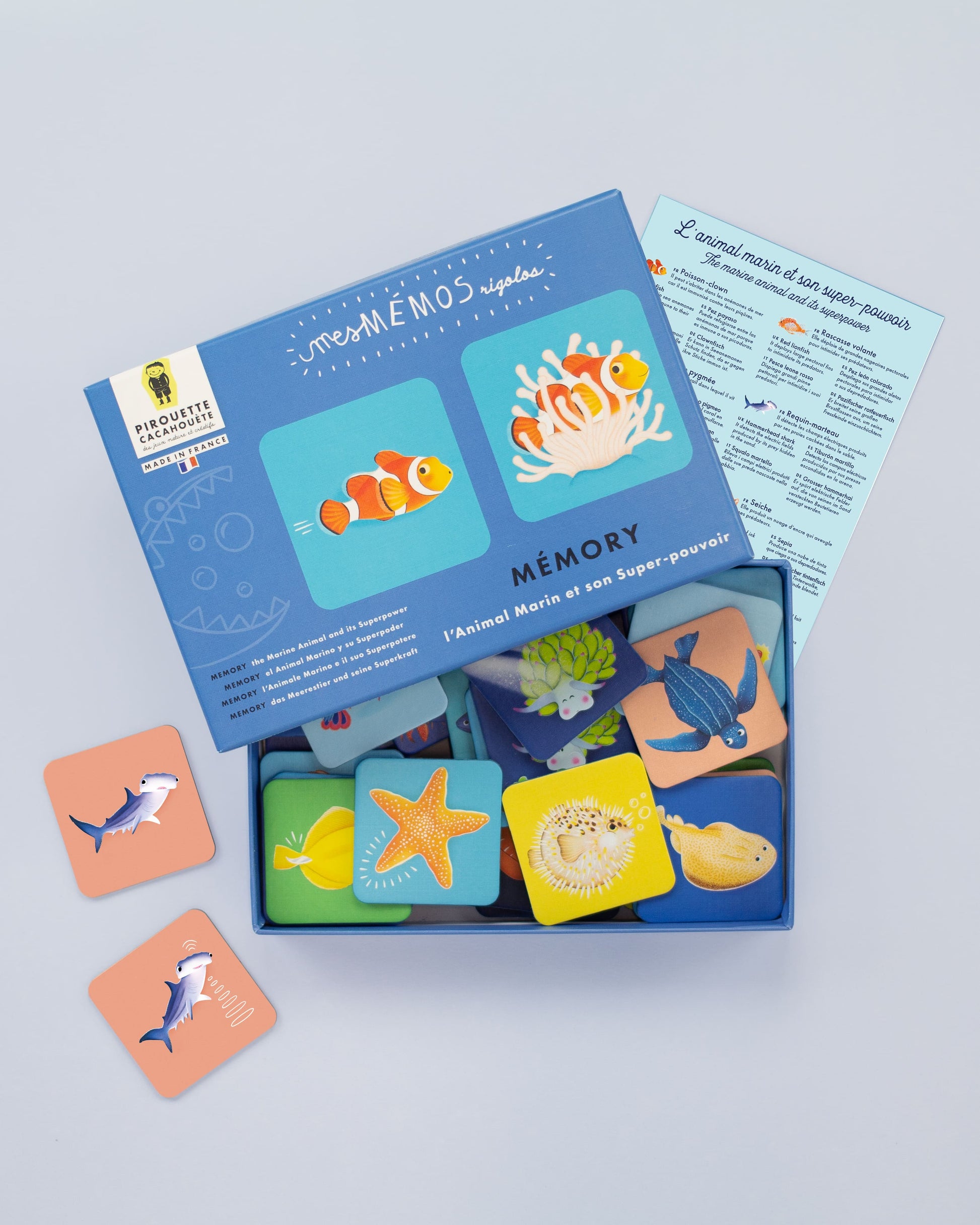 composition de la boite du jeu de memory pour enfant 4 ans autour des superpouvoirs des animaux marins