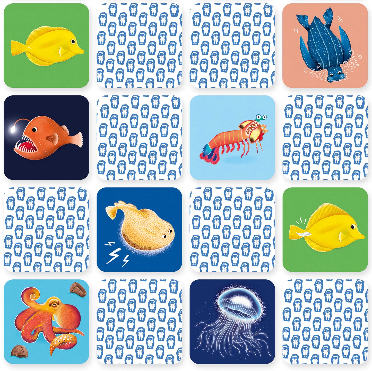 cartes présentant des animaux marins d'un jeu de memory pour enfant 4 ans 