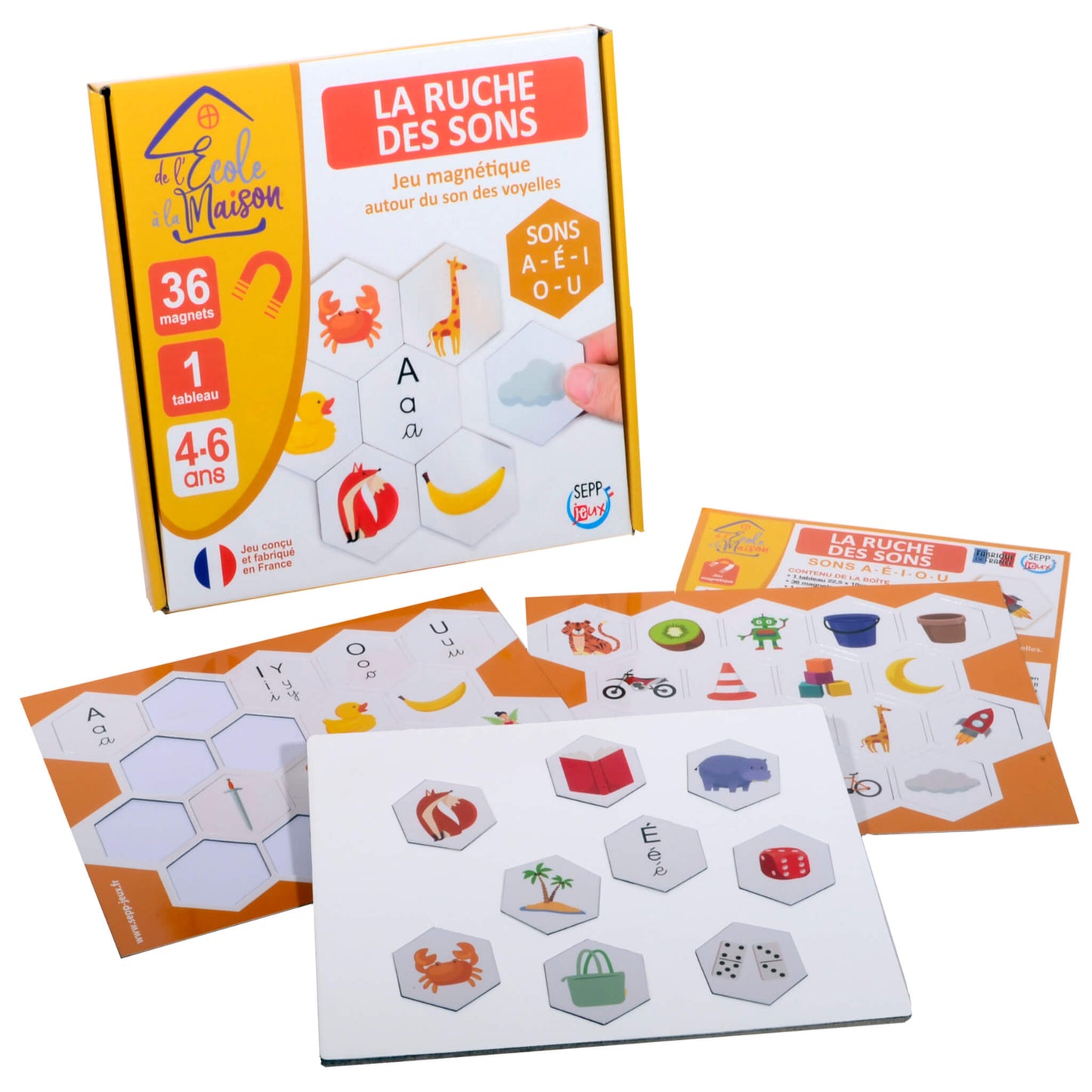 boite et composition du jeu magnétique pour apprendre le son des voyelles. 3 planches, 36 magnets