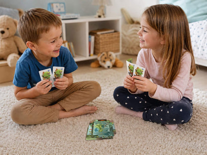 garçon de 3 ans et fille de 4 ans jouant ensemble au jeu de cartes éducatif Ptit Filoup pour développer leurs sens de l'observation