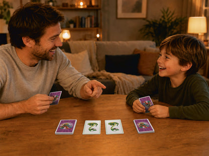 papa et garçon de 6 ans jouant au jeu de cartes d'imitation Kikiriko une super activité en famille