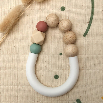 jouet de dentition terracotta vert d'eau silicone alimentaire et bois