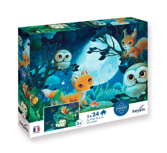 boite de 2 puzzles pour enfants de 3 ans sur le thème des animaux au clair de lune