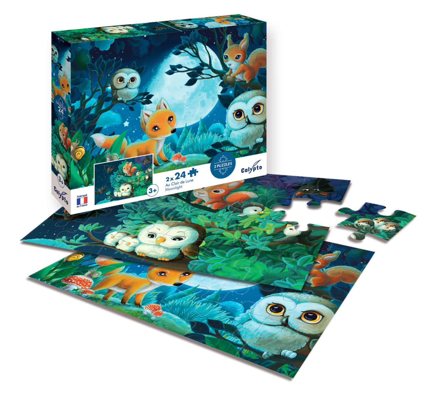 vue de la boite et des 2 puzzles pour enfants de 3 ans sur le thème des animaux au clair de lune