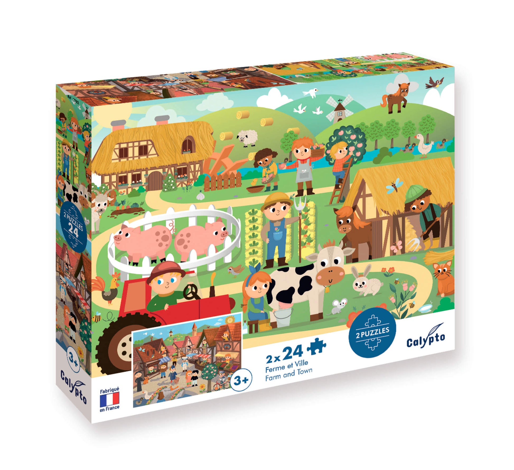boite des 2 puzzles pour enfants de 3 ans sur le thème ferme et ville