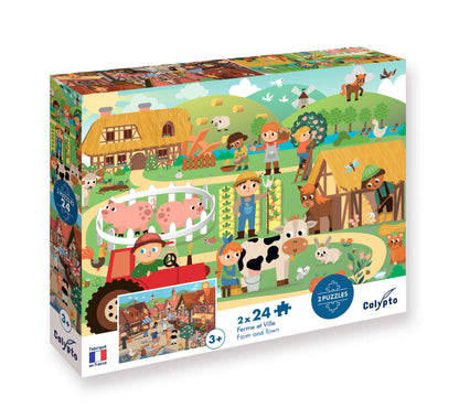 boite des 2 puzzles pour enfants de 3 ans sur le thème ferme et ville