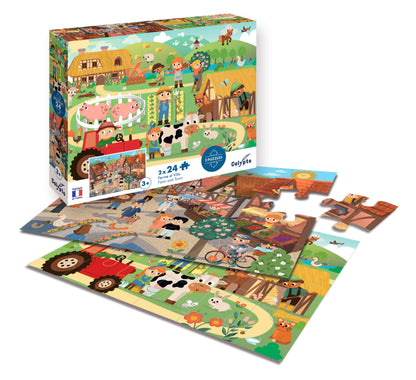 vue de la boite et des 2 puzzles pour enfants de 3 ans sur le thème ferme et ville