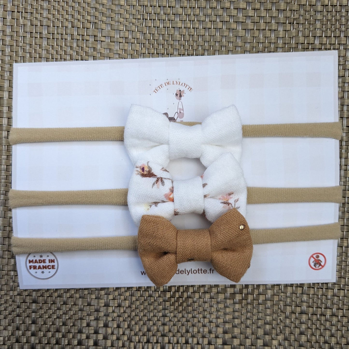 trio de bandeaux souples à noeud beige et blanc pour fillette