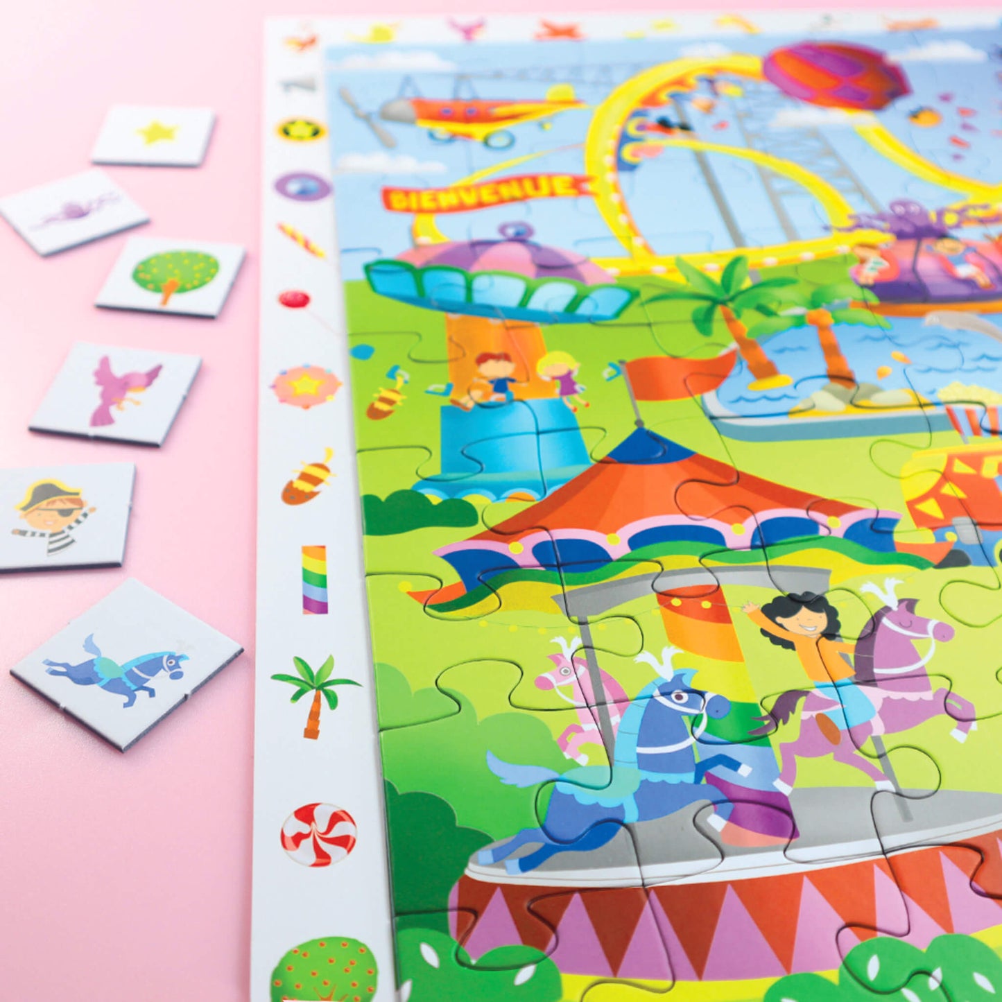 zoom sur les pièces du puzzle 100 pièces fête foraine pour les enfants de 6 ans