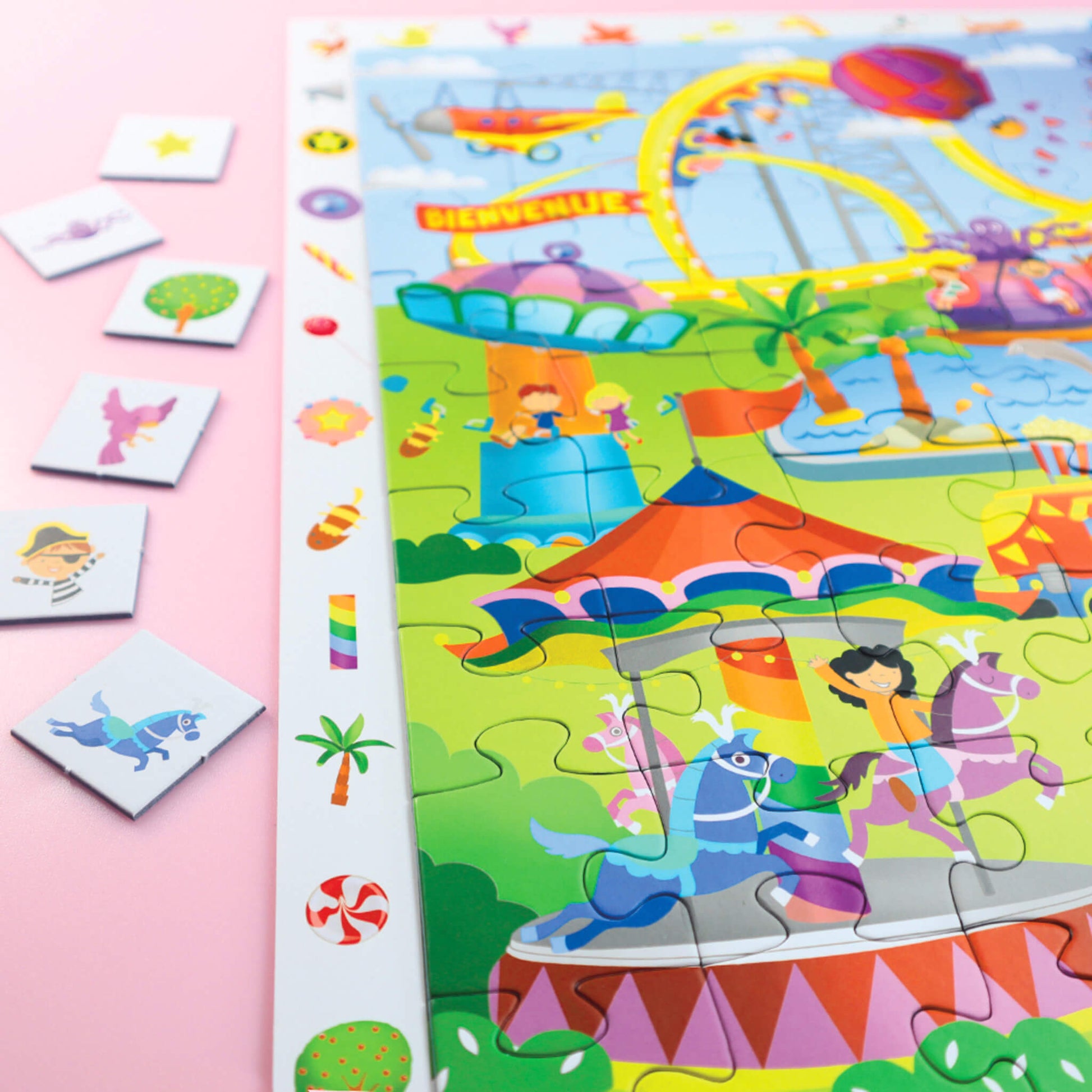 zoom sur les pièces du puzzle 100 pièces fête foraine pour les enfants de 6 ans
